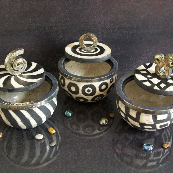black and white canisters with lid personalized, raku pottery canisters set with geometric pattern, raku ceramic coffee tea sugar jars