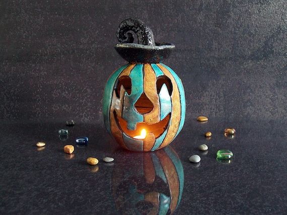 Portacandele zucca di Halloween in ceramica raku, diffusore oli essenziali, bruciaessenze, decorazione halloween, lanterna di halloween