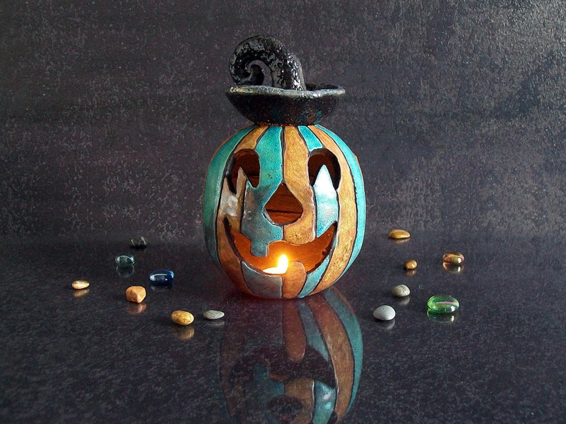 raku pottery jack o lantern, Halloween pumpkin Essential Oil Diffuser, halloween Candle holder, halloween decoration, halloween oil warmer image 1