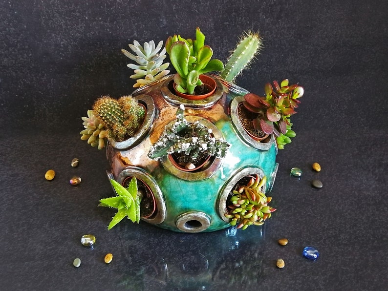 Raku ceramic spherical display for small succulents, mini dome garden for succulent or plants compositions, customizable color image 5