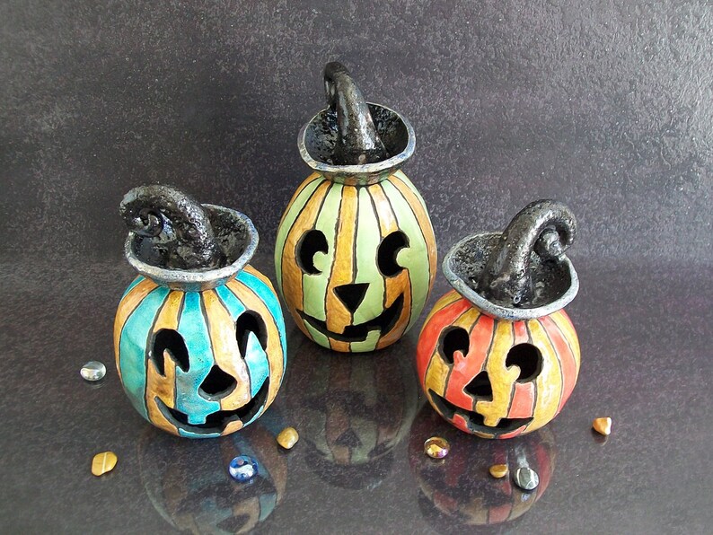 raku pottery jack o lantern, Halloween pumpkin Essential Oil Diffuser, halloween Candle holder, halloween decoration, halloween oil warmer image 7