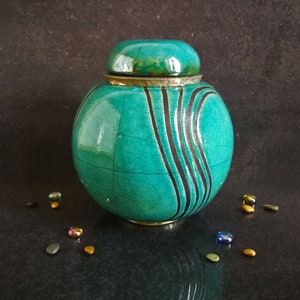 Raku ceramic spherical turquoise urn for human or pet ashes, various colors available, engravable, capacity 18 / 45 / 85 / 180 cubic inches image 7