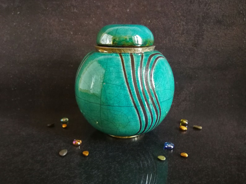 Raku ceramic spherical turquoise urn for human or pet ashes, various colors available, engravable, capacity 18 / 45 / 85 / 180 cubic inches image 7