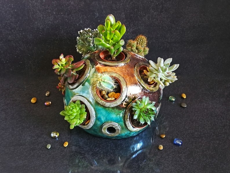 Raku ceramic spherical display for small succulents, mini dome garden for succulent or plants compositions, customizable color image 4