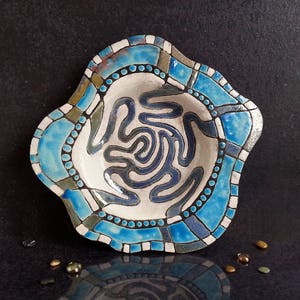 Raku ceramic painted plate with abstract decoration coastal style, large wall plate or centerpiece, turquoise and white dish image 7