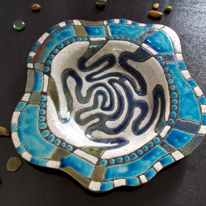 Raku ceramic painted plate with abstract decoration coastal style, large wall plate or centerpiece, turquoise and white dish image 1