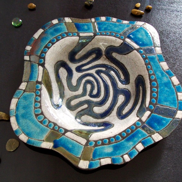Raku ceramic painted plate with abstract decoration coastal style, large wall plate or centerpiece, turquoise and white dish