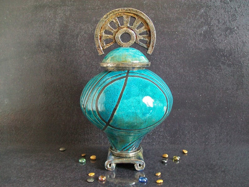 Raku cremation Urn for ashes with stand and decorative lid | Etsy