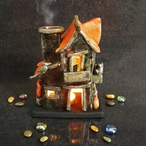 Spooky Haunted House Miniature, Raku Ceramic Candle Holder & Essential Oil Diffuser Customizable colors Halloween Decor image 2