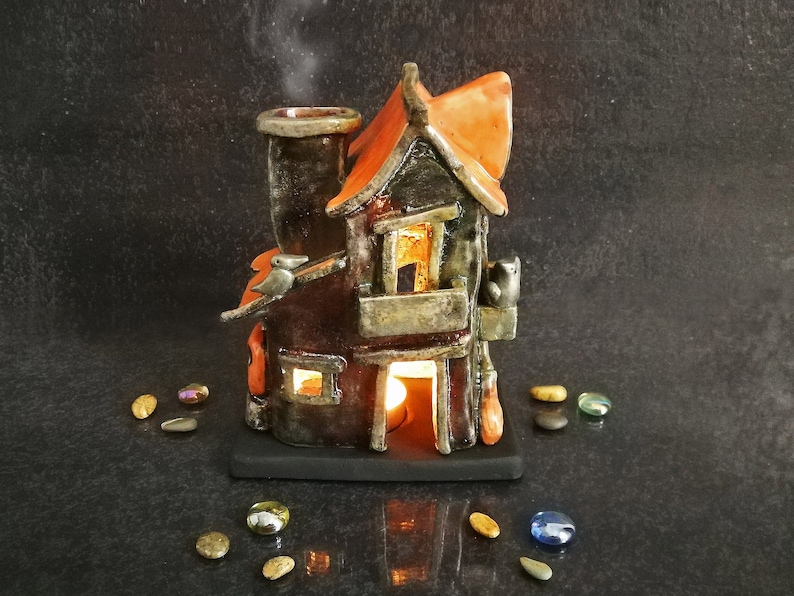 Spooky Haunted House Miniature, Raku Ceramic Candle Holder & Essential Oil Diffuser Customizable colors Halloween Decor image 2