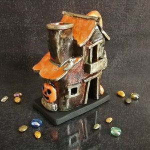 Spooky Haunted House Miniature, Raku Ceramic Candle Holder & Essential Oil Diffuser Customizable colors Halloween Decor image 7