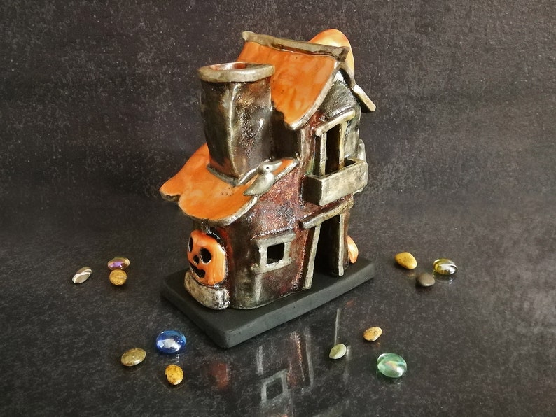 Spooky Haunted House Miniature, Raku Ceramic Candle Holder & Essential Oil Diffuser Customizable colors Halloween Decor image 7