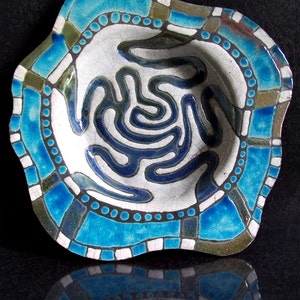 Raku ceramic painted plate with abstract decoration coastal style, large wall plate or centerpiece, turquoise and white dish image 2