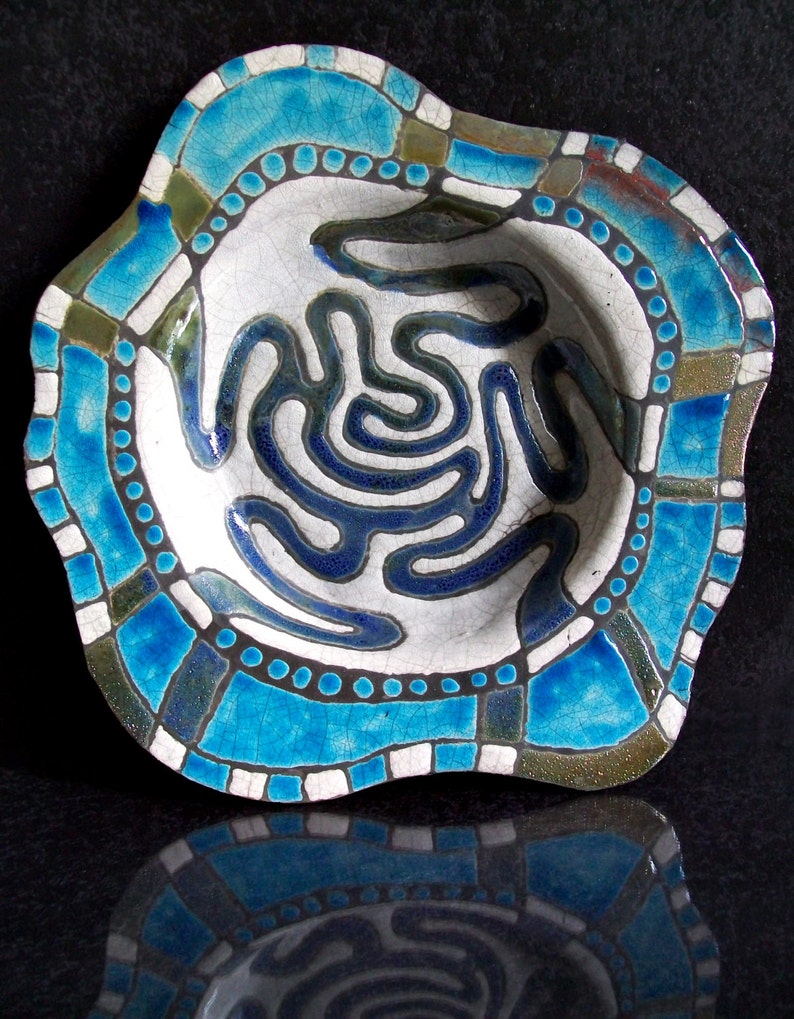 Raku ceramic painted plate with abstract decoration coastal style, large wall plate or centerpiece, turquoise and white dish image 2