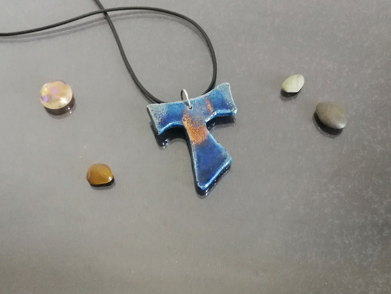 raku pottery blue tau cross pendant, tau necklace, saint francis cross, franciscan tau, catholic jewelry, tau jewelry, first communion cross image 2