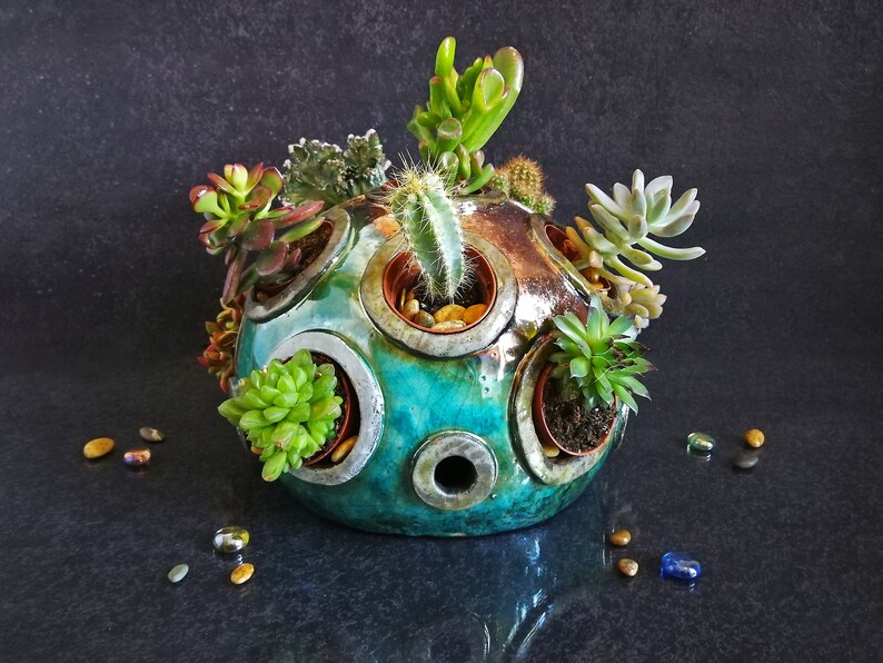 Raku ceramic spherical display for small succulents, mini dome garden for succulent or plants compositions, customizable color image 2