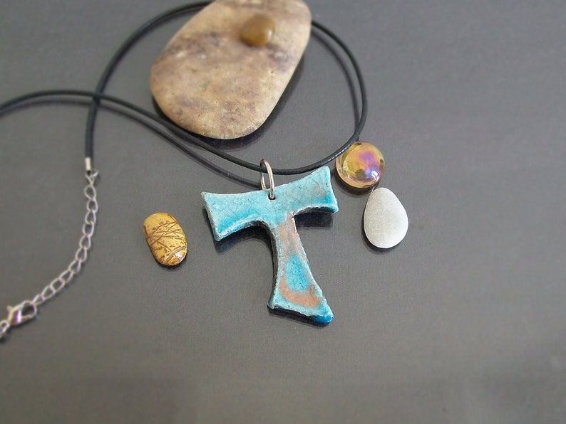 raku pottery turquoise Tau Cross Pendant, ceramic tau necklace, religious cross, st francis tau cross, franciscan cross, communion gift image 5