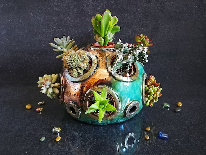 Raku ceramic spherical display for small succulents, mini dome garden for succulent or plants compositions, customizable color image 3