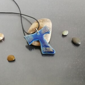 raku pottery blue tau cross pendant, tau necklace, saint francis cross, franciscan tau, catholic jewelry, tau jewelry, first communion cross image 5