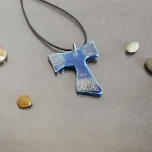 raku pottery blue tau cross pendant, tau necklace, saint francis cross, franciscan tau, catholic jewelry, tau jewelry, first communion cross image 6