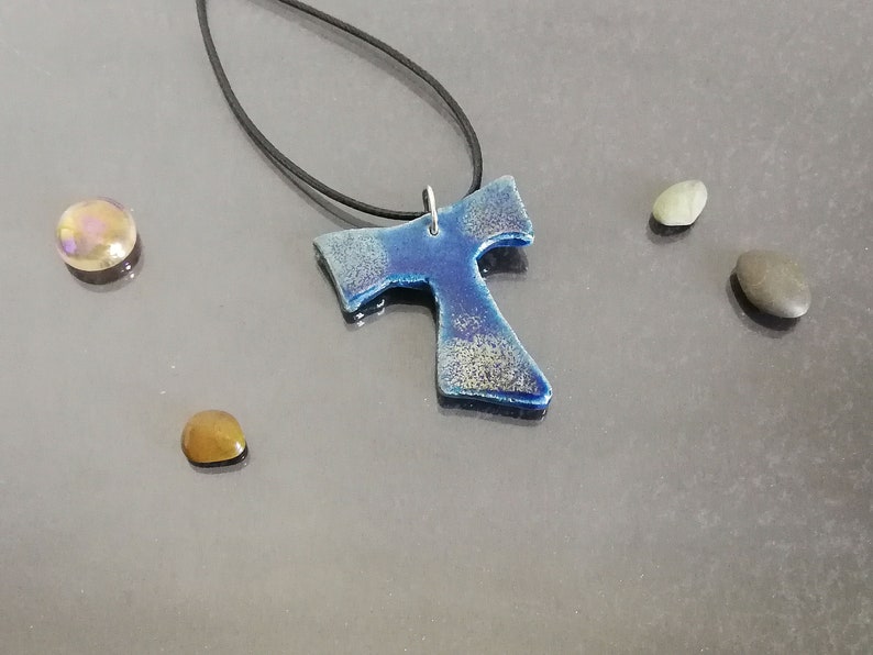 raku pottery blue tau cross pendant, tau necklace, saint francis cross, franciscan tau, catholic jewelry, tau jewelry, first communion cross image 6