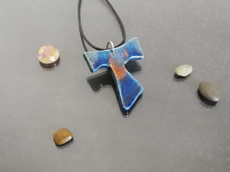 raku pottery blue tau cross pendant, tau necklace, saint francis cross, franciscan tau, catholic jewelry, tau jewelry, first communion cross image 3