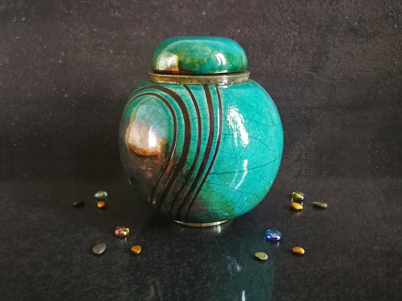 Raku ceramic spherical turquoise urn for human or pet ashes, various colors available, engravable, capacity 18 / 45 / 85 / 180 cubic inches image 1