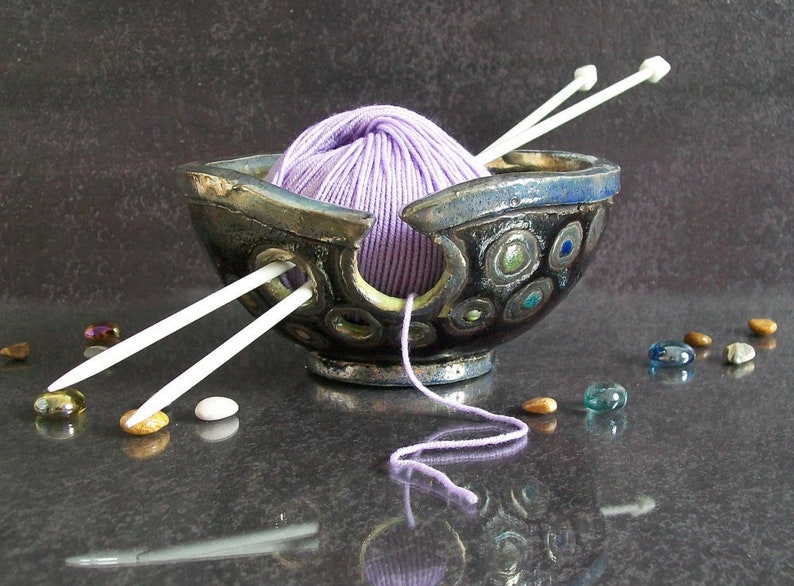 handmade yarn holder gift for knitters raku bowl ceramic knitting bowl raku pottery bronze yarn bowl crochet bowl bowl for knitting