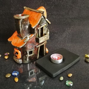 Spooky Haunted House Miniature, Raku Ceramic Candle Holder & Essential Oil Diffuser Customizable colors Halloween Decor image 9