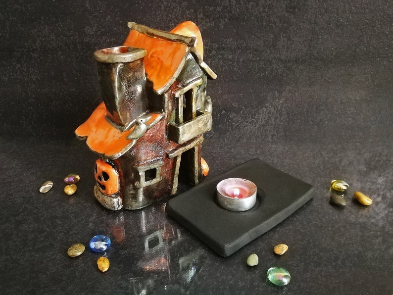 Spooky Haunted House Miniature, Raku Ceramic Candle Holder & Essential Oil Diffuser Customizable colors Halloween Decor image 9