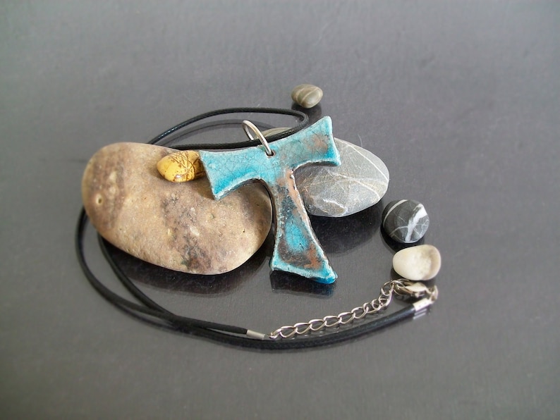 raku pottery turquoise Tau Cross Pendant, ceramic tau necklace, religious cross, st francis tau cross, franciscan cross, communion gift image 2