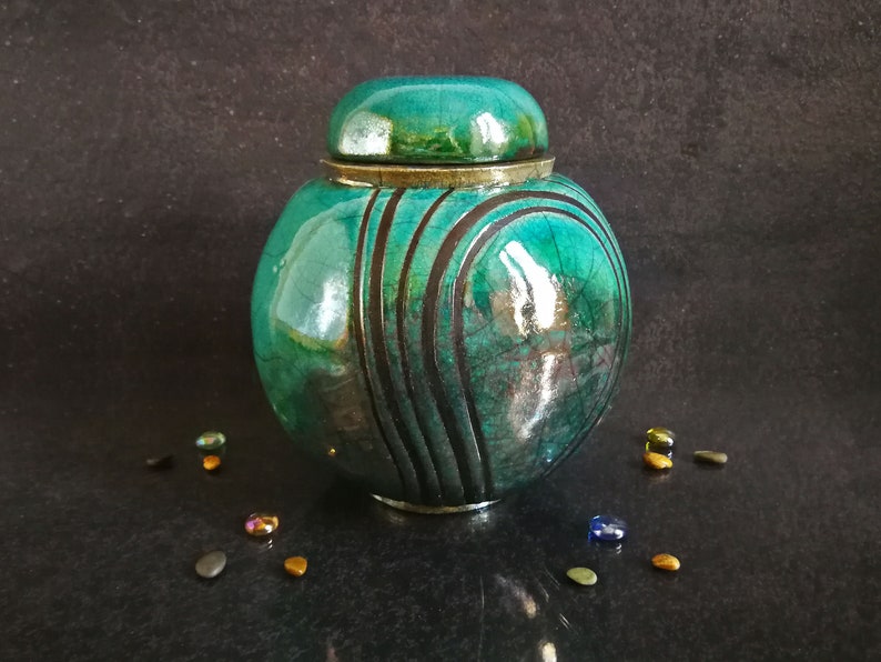 Raku ceramic spherical turquoise urn for human or pet ashes, various colors available, engravable, capacity 18 / 45 / 85 / 180 cubic inches image 3