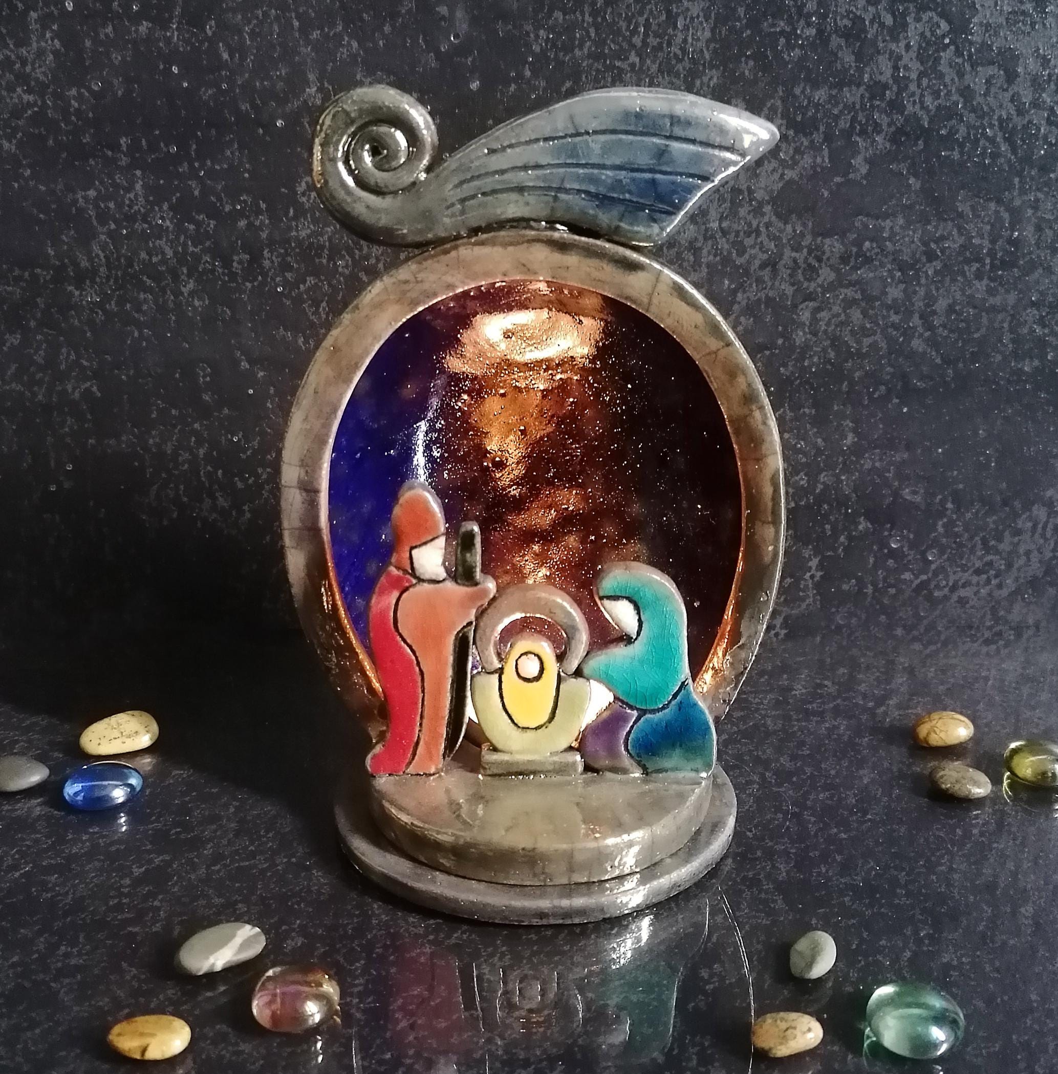 Celestial Raku Nativity Scene – Handmade Ceramic Crèche Tealight Lantern with Cosmic Glow - Charming Christmas Decor