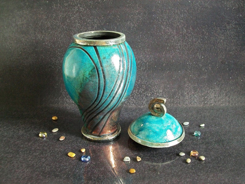 Raku elegant cremation urn for ashes turquoise crackle glaze with black stripes pattern, for human or pet, various colors and size available image 1