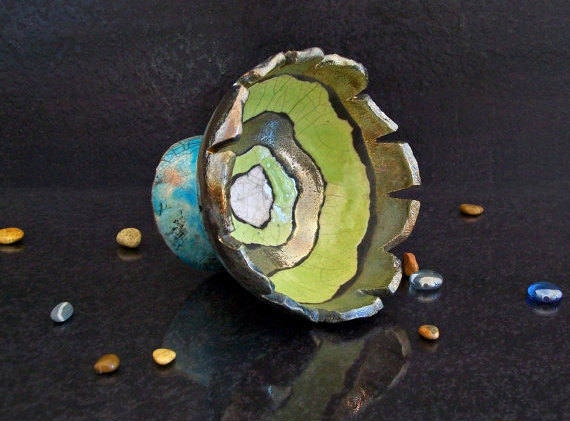 Antediluvian Raku Bowl – Ancient Pedestal Vessel With Toothed Golden ...