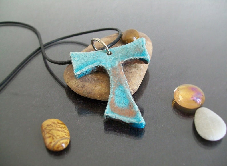 raku pottery turquoise Tau Cross Pendant, ceramic tau necklace, religious cross, st francis tau cross, franciscan cross, communion gift image 1