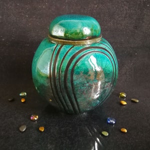 Raku ceramic spherical turquoise urn for human or pet ashes, various colors available, engravable, capacity 18 / 45 / 85 / 180 cubic inches image 8