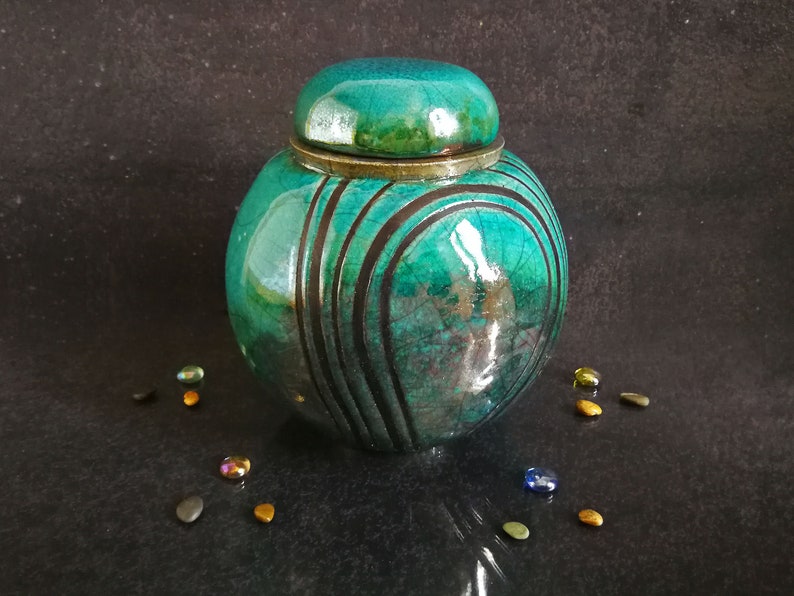 Raku ceramic spherical turquoise urn for human or pet ashes, various colors available, engravable, capacity 18 / 45 / 85 / 180 cubic inches image 8
