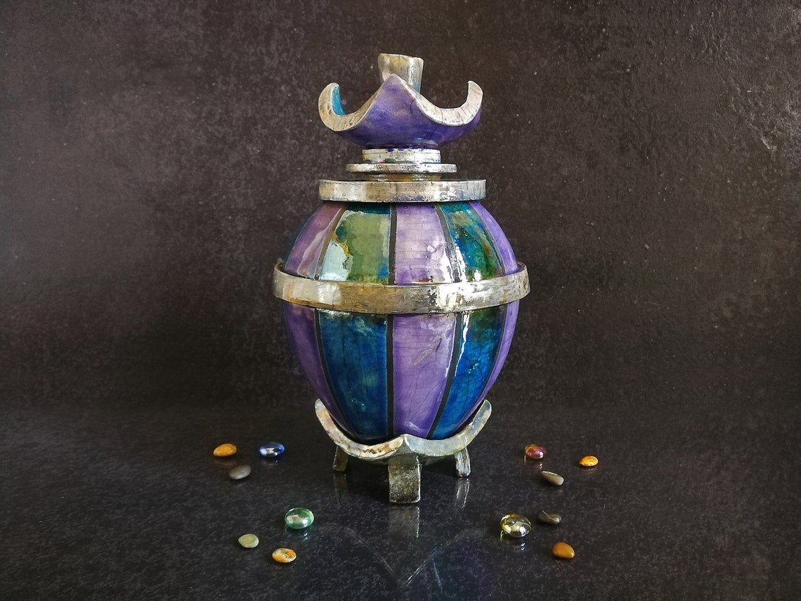 Ceramic Raku Lotus Flower Urn Decorated With Vertical Stripes Etsy