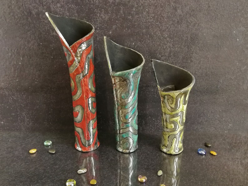 Raku Ceramic Set of Three Tall Cylinder Vases Pottery Etsy