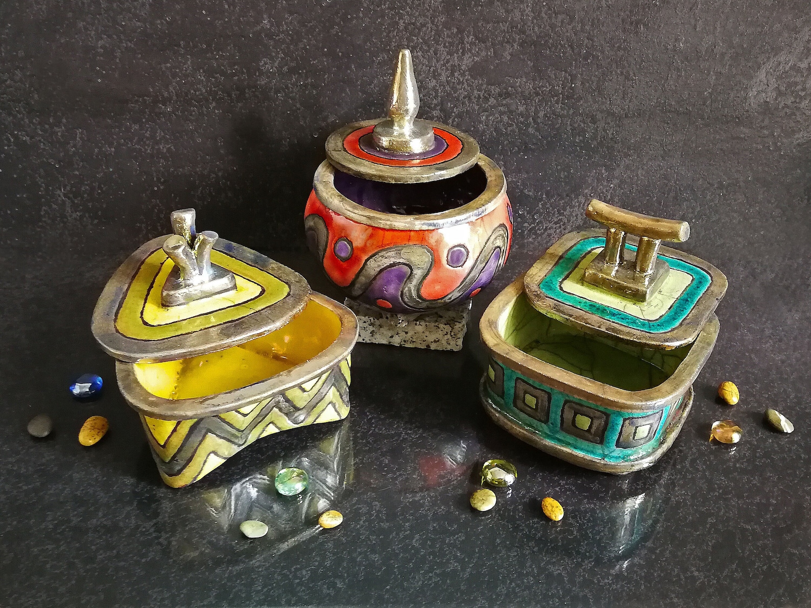 Raku Ethnic Geometric Jewelry Boxes – Handmade Colorful Ceramic Jars ...