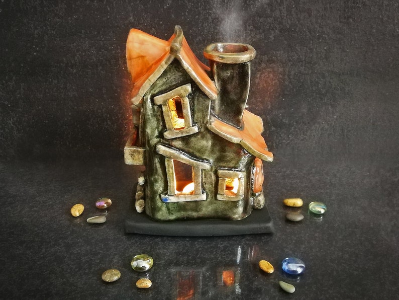 Spooky Haunted House Miniature, Raku Ceramic Candle Holder & Essential Oil Diffuser Customizable colors Halloween Decor image 4