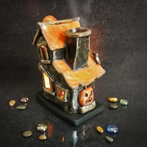 Spooky Haunted House Miniature, Raku Ceramic Candle Holder & Essential Oil Diffuser Customizable colors Halloween Decor image 3