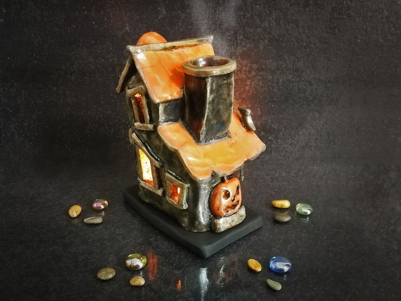 Spooky Haunted House Miniature, Raku Ceramic Candle Holder & Essential Oil Diffuser Customizable colors Halloween Decor image 3