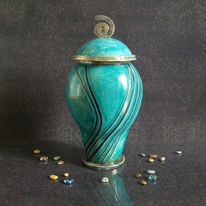 Raku elegant cremation urn for ashes turquoise crackle glaze with black stripes pattern, for human or pet, various colors and size available image 5