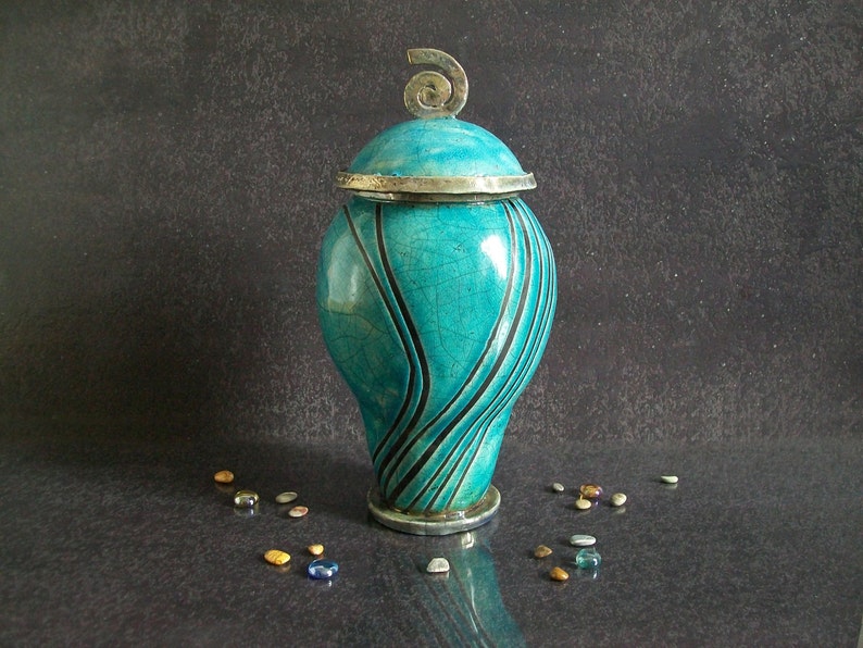 Raku elegant cremation urn for ashes turquoise crackle glaze with black stripes pattern, for human or pet, various colors and size available image 5
