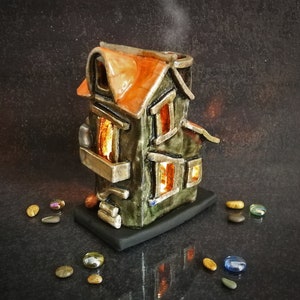 Spooky Haunted House Miniature, Raku Ceramic Candle Holder & Essential Oil Diffuser Customizable colors Halloween Decor image 5