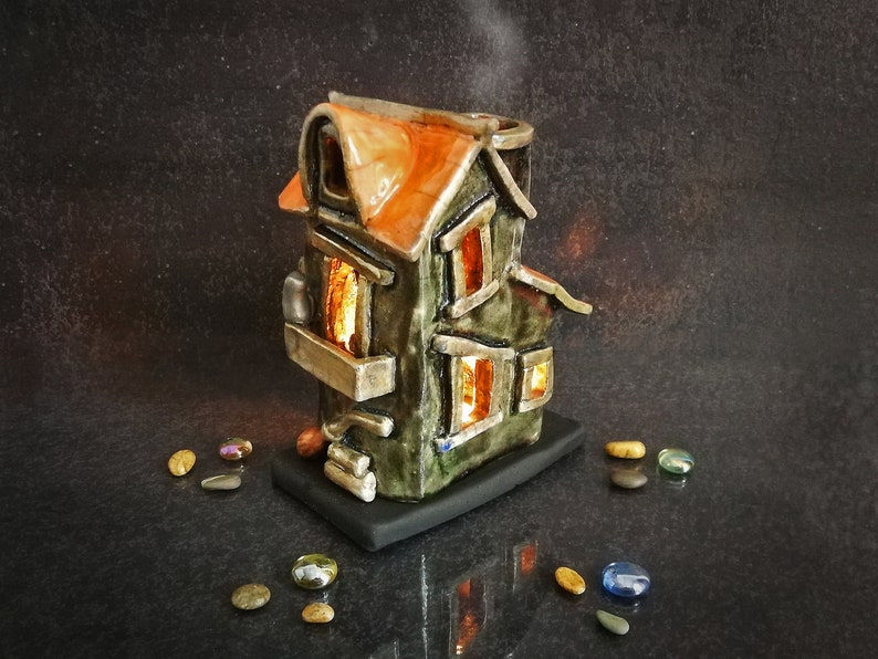 Spooky Haunted House Miniature, Raku Ceramic Candle Holder & Essential Oil Diffuser Customizable colors Halloween Decor image 5