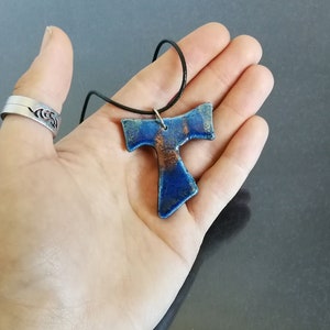 raku pottery blue tau cross pendant, tau necklace, saint francis cross, franciscan tau, catholic jewelry, tau jewelry, first communion cross image 9