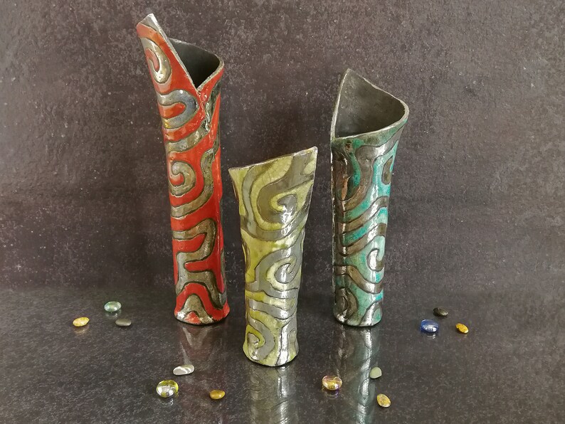 Raku Ceramic Set of Three Tall Cylinder Vases Pottery Etsy